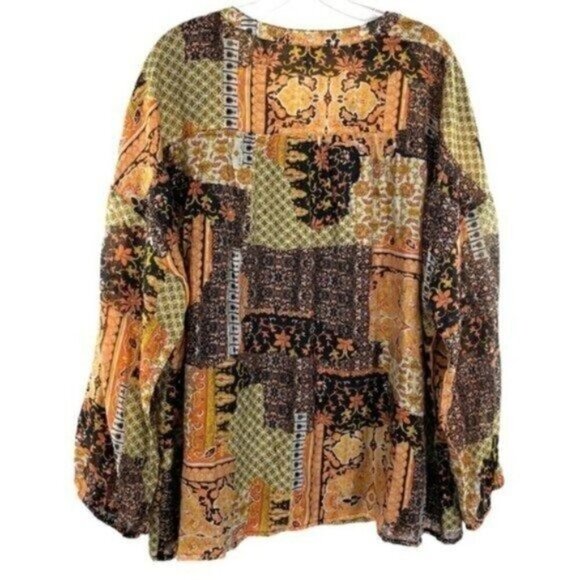 Cotton Bleu Patchwork Peasant Blouse Boho Cottagecore - Picture 5 of 9